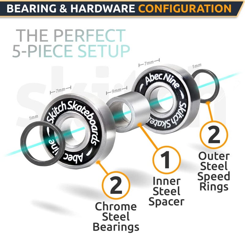SKITCH Precision Fast Spin Bearings Set | 8 Pack 608 2RS ABEC 9 Chrome Steel Deep Groove Ball Bearing Set for Skateboards, Longboards, Inline Skates, Scooters | + Washers + Spacers | 8mm x 22mm x 7mm - Image 4